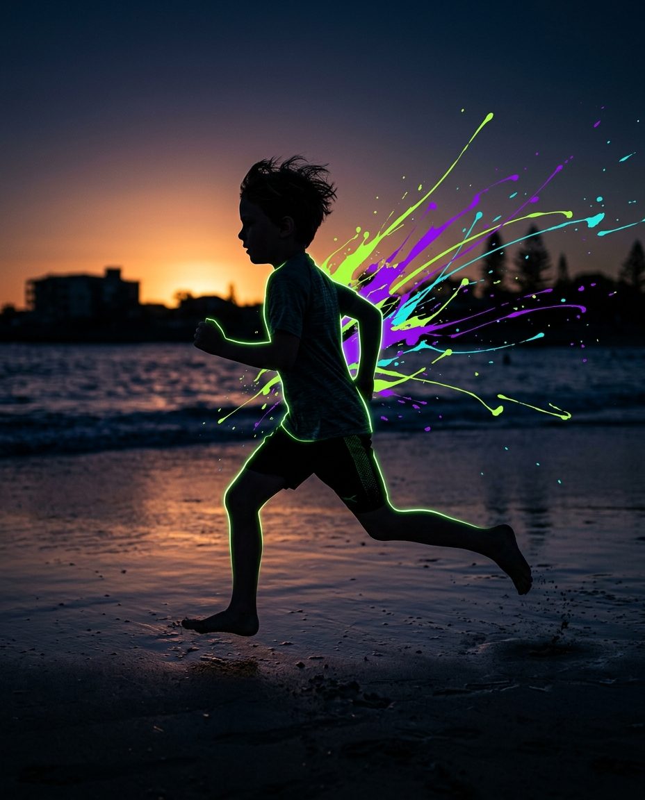 A young athlete running along a beach at dusk