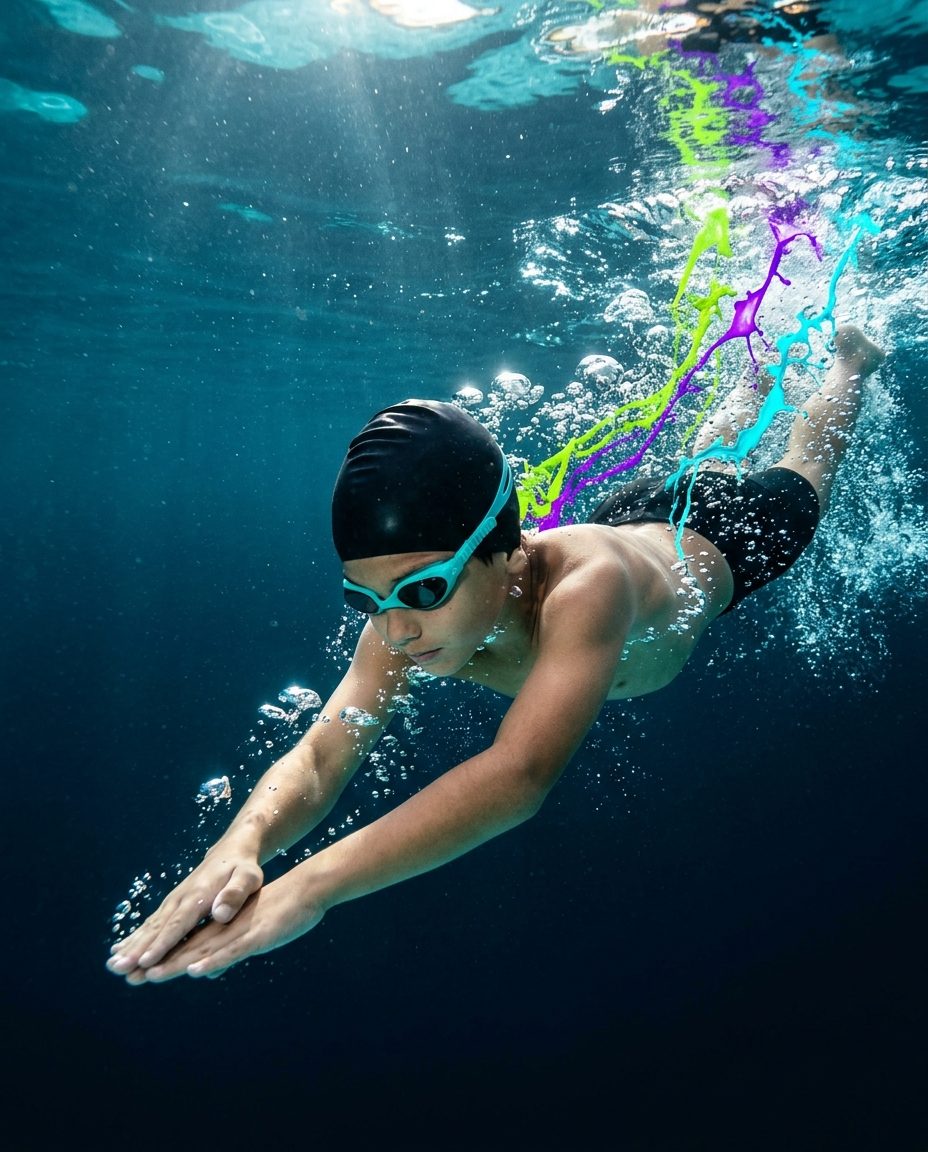 A young swimmer powering through bright blue water