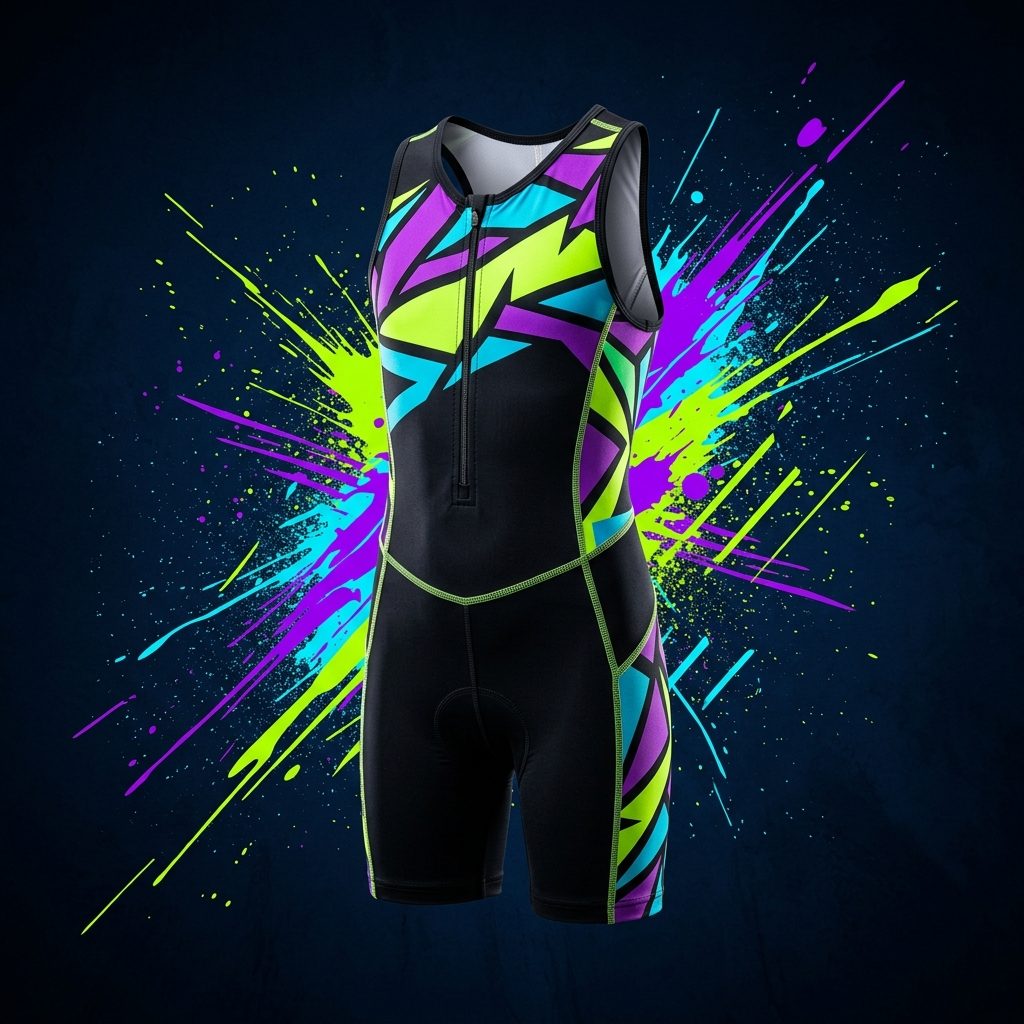 Black STRIDE kids triathlon suit with neon green and blue trim